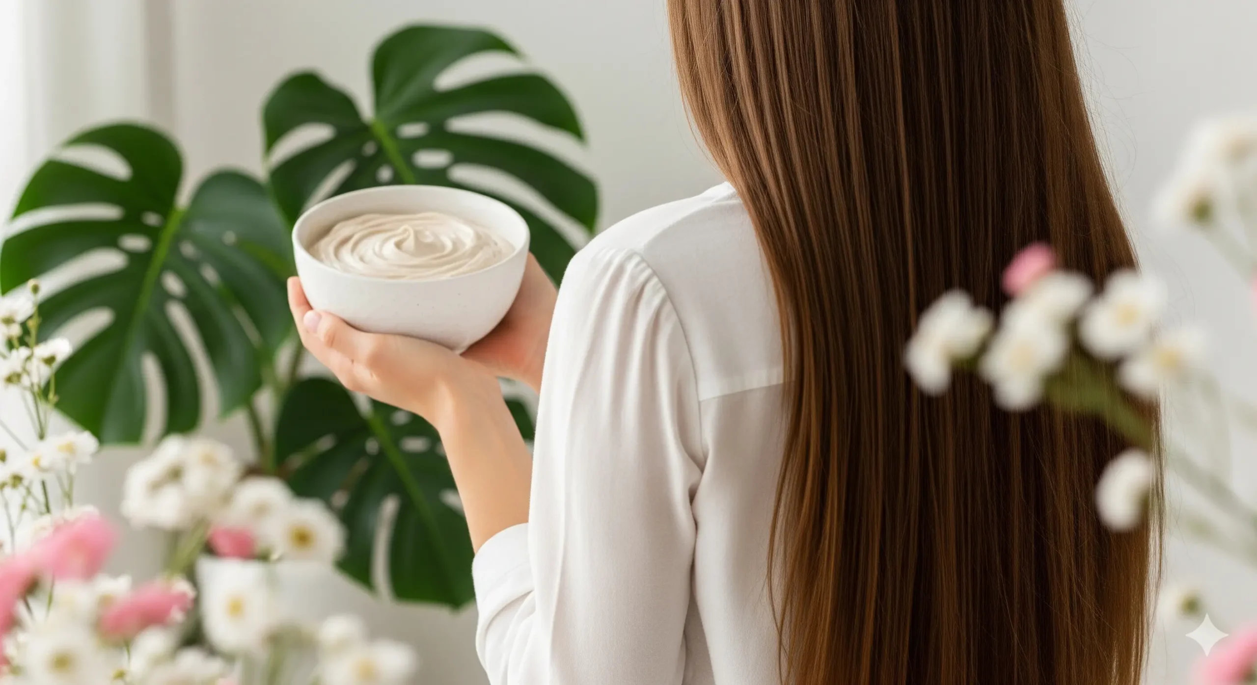Donna con capelli stressati dopo l'estate riceve un trattamento rigenerante professionale.